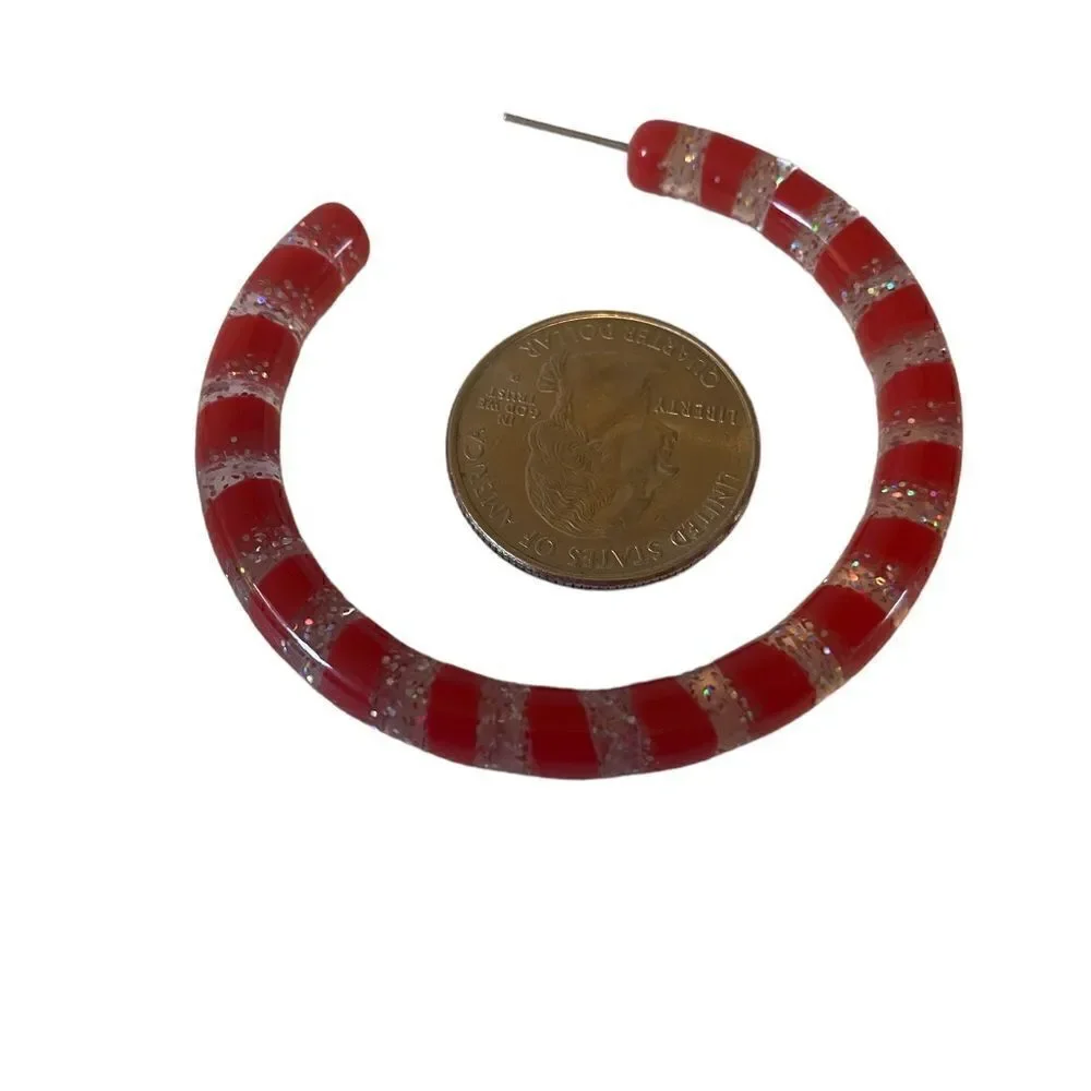 Darbie Angell Red Striped Sparkly & Clear Resin Hoops.